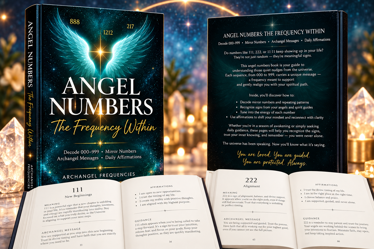 Angel Numbers: The Frequency Within hardcover showing the front cover, back cover, and interior pages