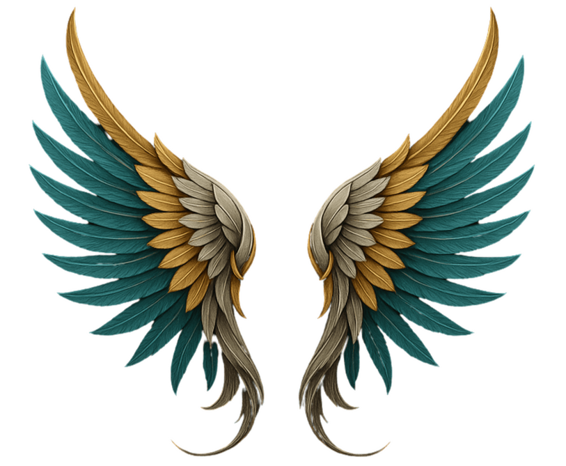 Archangel Frequencies Logo – Angel Wings Symbol Logo of Archangel Frequencies featuring gold and teal angel wings representing divine protection and guidance