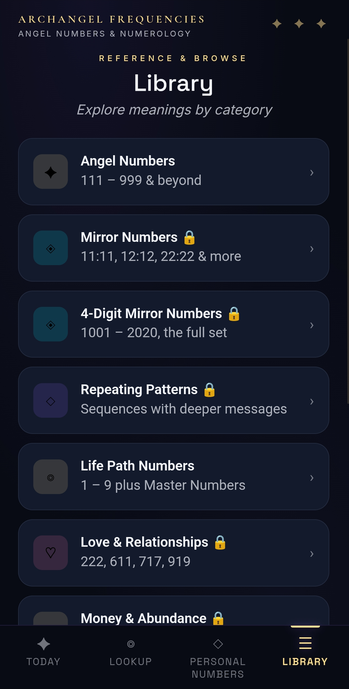 Library screen listing angel number categories