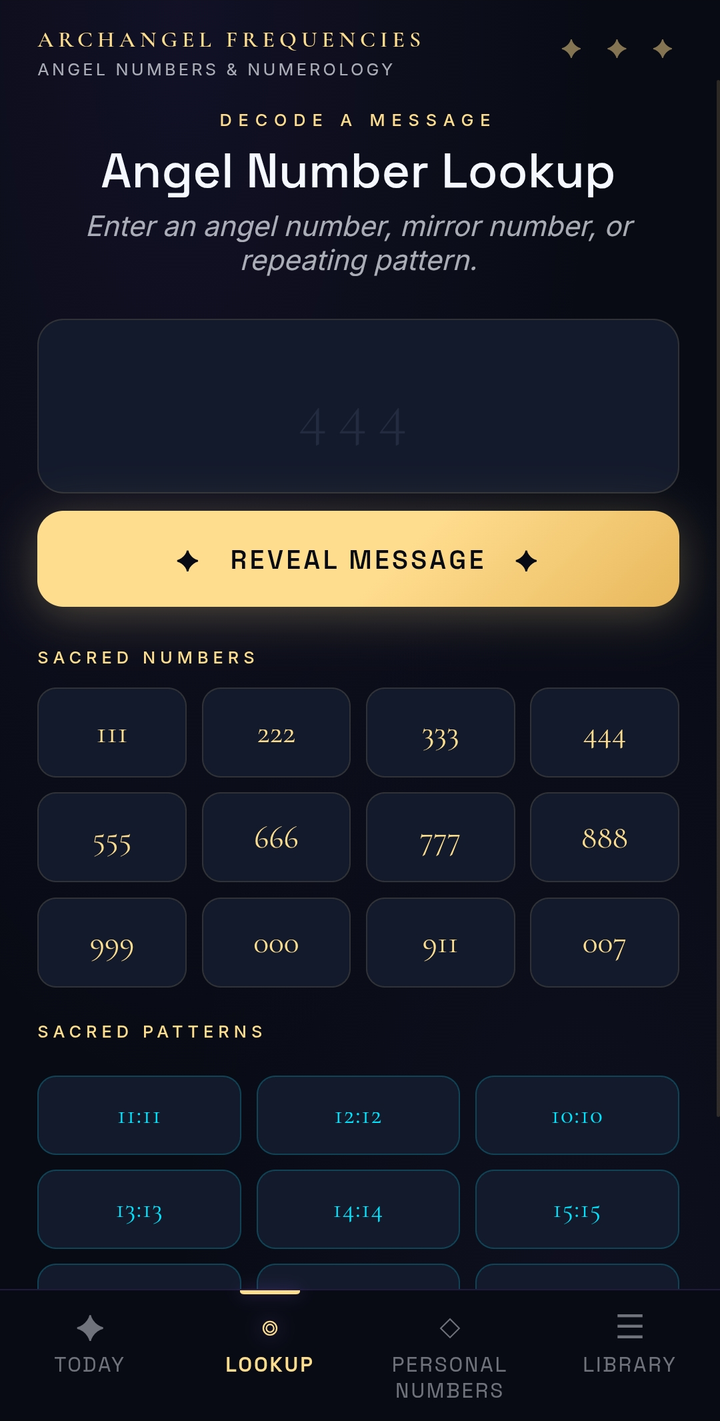 Angel number lookup screen with sacred numbers and patterns