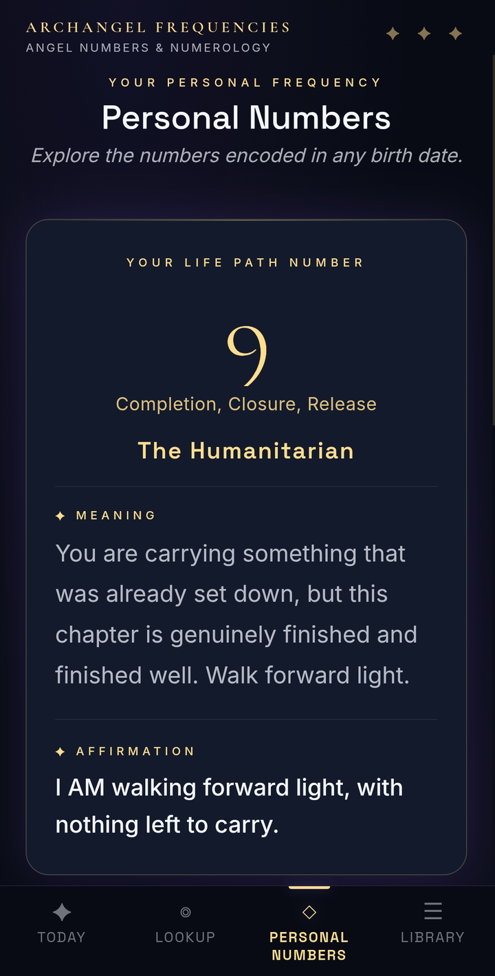 Personal Numbers screen with Life Path reading