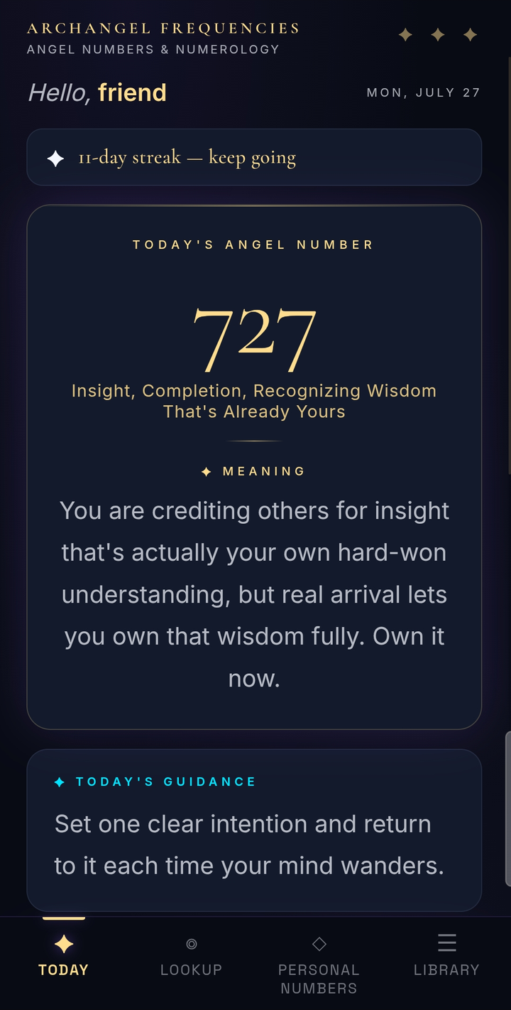 Today screen with the daily angel number